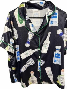 SHESHOW Tequila Bottle Print Satin Pajama Top Black Green Size L